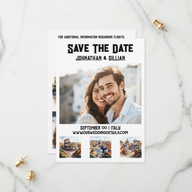 Save The Date Rome mariage 3 photo d'aquarelle attractions (Devant/Arrière en situation)