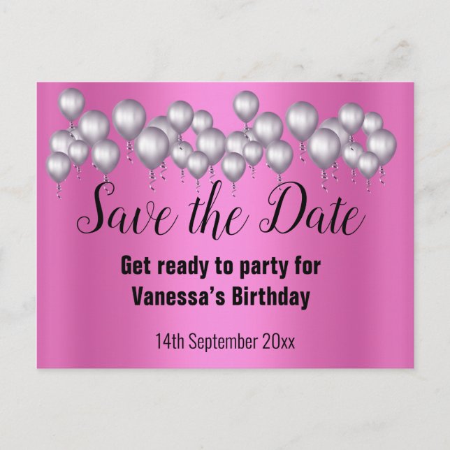 Save the Date rosa Balloons Ankündigungspostkarte (Vorderseite)