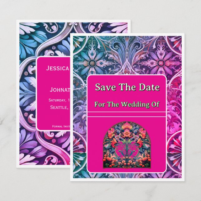 Save the Date rosa/blaues Kartenmuster (Vorne/Hinten)