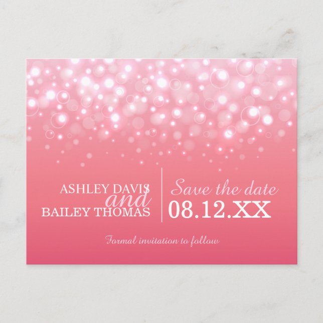 Save the Date rosa Champagnerbläschen Hochzeitskar Ankündigungspostkarte (Vorderseite)
