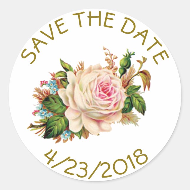 Save the Date rosa goldene Blume Stripteppiche Sti Runder Aufkleber (Vorderseite)