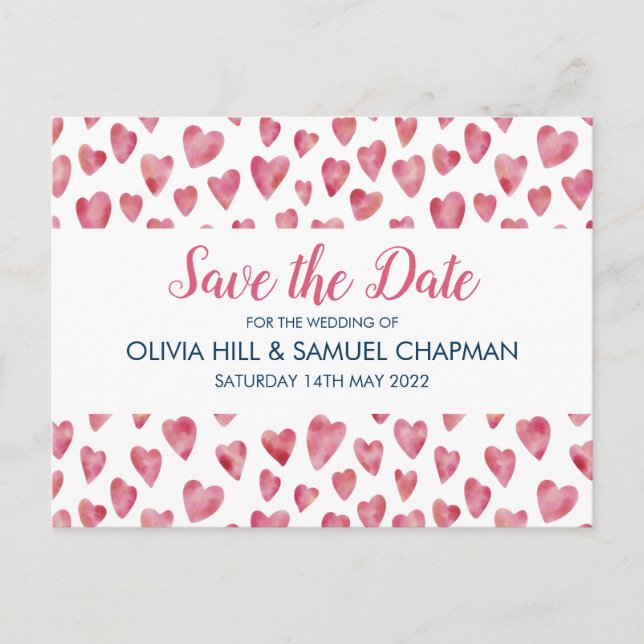 Save the Date rosa Herzkarte Ankündigungspostkarte (Vorderseite)