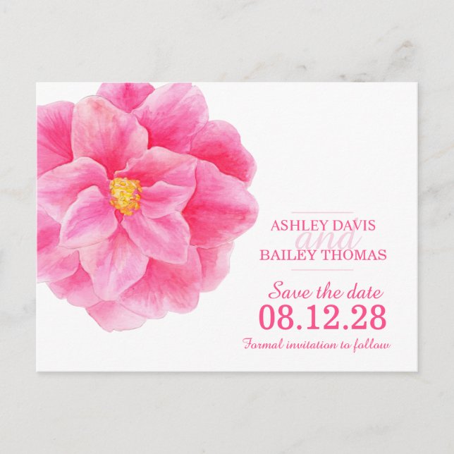 Save the Date rosa Kamelien-Blume Ankündigungspostkarte (Vorderseite)