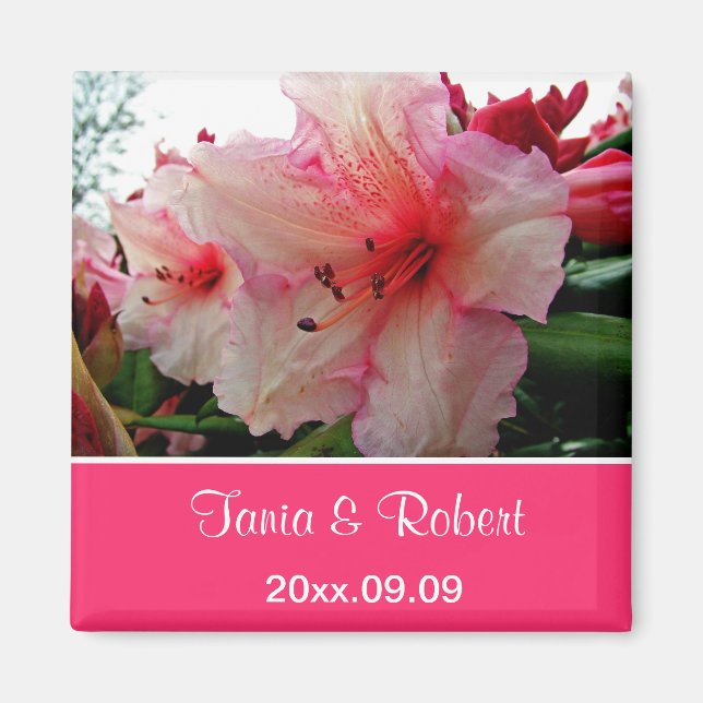 Save the Date, rosa Rhododendron-Blume. Magnet (Vorne)