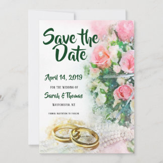 Save the Date rosa Rosen mit goldenen Hochzeitsbän