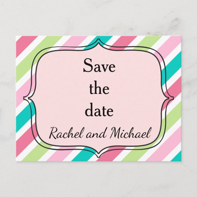 Save the Date rosa und blaue Streifen Ankündigungspostkarte (Vorderseite)