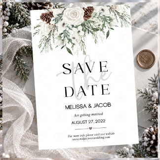 Save The Date Rose blanche d'hiver Épice de pin Evergreen Enregi