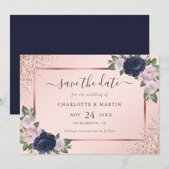 Save The Date Rose bleu marine Mariage floral Blush or (Devant / Derrière)