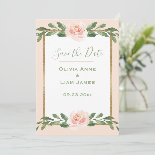 Save The Date Rose Blush Romantique Floral Élégant Script vert (Debout devant)