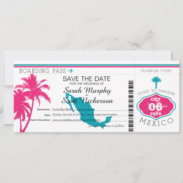 Save The Date Rose chaud et Turquoise Enregistrer la date au Mex (Devant)