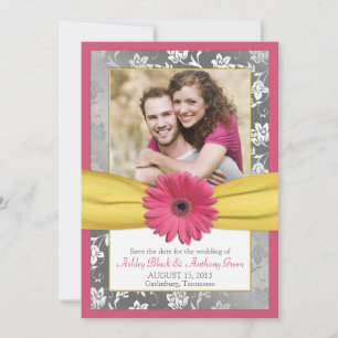 Save The Date Rose Daisy Grey Yellow Damask Photo Enregistrer la