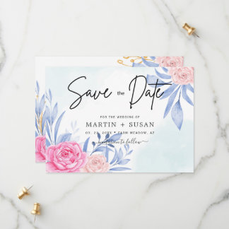 Save The Date Rose d'aquarelle rose Cloudy Bleu Feuille Mariage