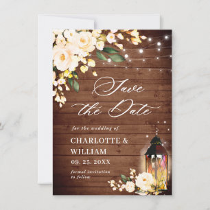 Save The Date Rose de broche à blanc Lanterne Mariage en bois ru