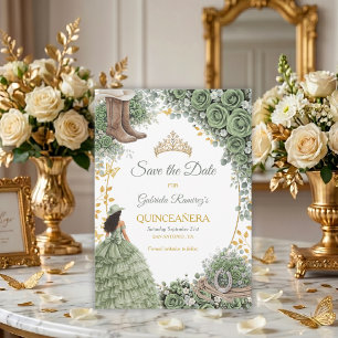 Save The Date Rose dorée de sage occidentale Quinceañera de camp
