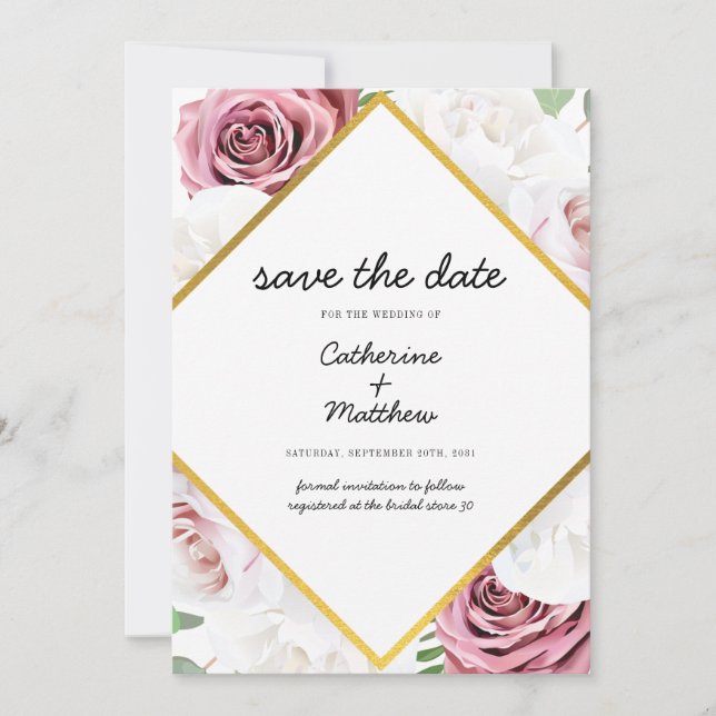 Save The Date Rose Floral Blush Or Géométrique (Devant)
