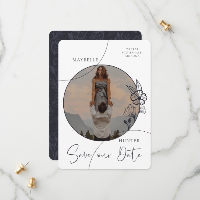 Save The Date Rose floral Boho moderne Cercle photo Marine & Bla (Devant/Arrière en situation)