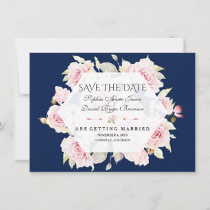 Save The Date Rose Floral Géométrique Marine Bleu Enregistrer La