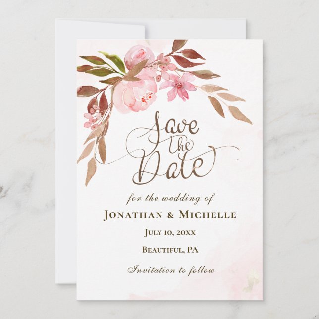 Save The Date Rose Floral Golden Greenery Mariage inspirant (Devant)