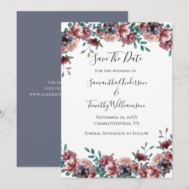 Save The Date Rose foncé Dusty Rose Bleu Vert Eucalyptus Floral (Devant / Derrière)