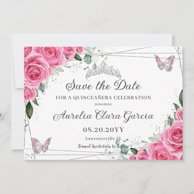 Save The Date Rose Fuchsia Floral Argent Quinceañera XV Annivers (Devant)