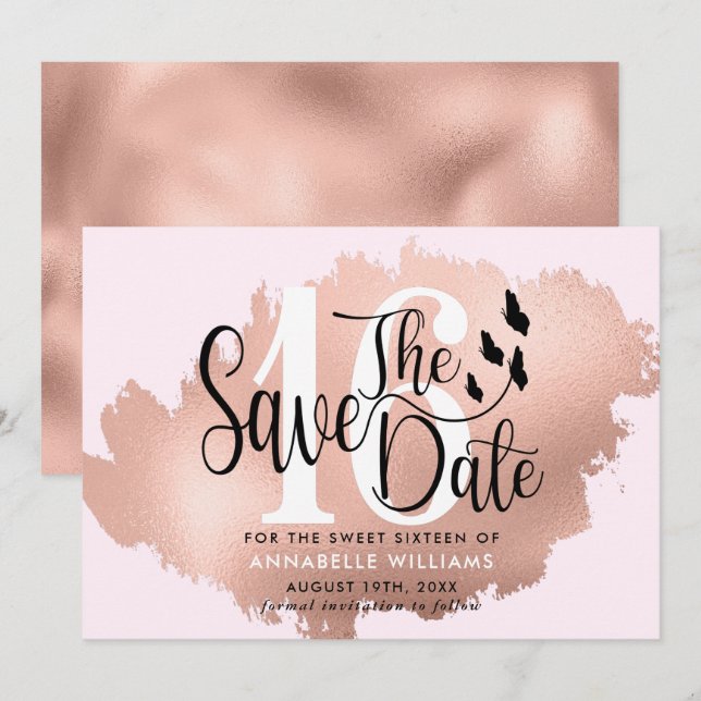 Save The Date Rose Gold 16e fête d'anniversaire (Devant / Derrière)