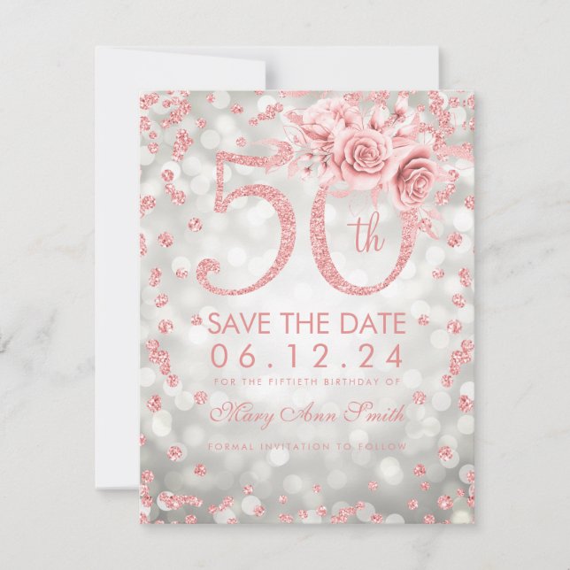 Save The Date Rose Gold 50th Birthday Glam Lights Argent (Devant)