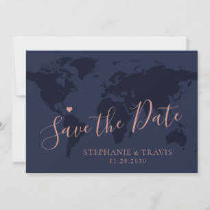 Save the Date Rose Gold Blue World Map Zielort