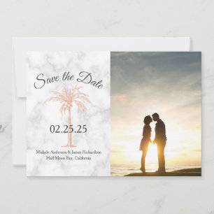 Save The Date Rose Gold Copper Palm Tree Marble Photo Mariage