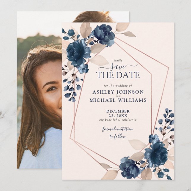 Save The Date Rose Gold Dusty Pink Navy Photo Enregistrer la dat (Devant / Derrière)