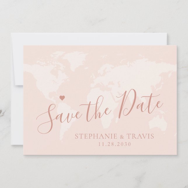 Save The Date Rose Gold Enregistrer la date World Map Destinatio (Devant)