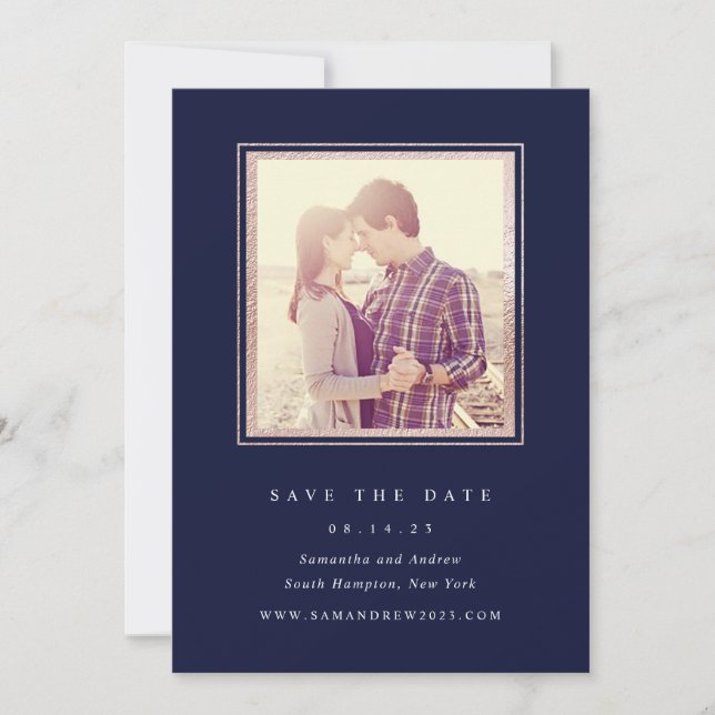 Save The Date Rose Gold et Navy Photo Enregistrer La Date (Devant)