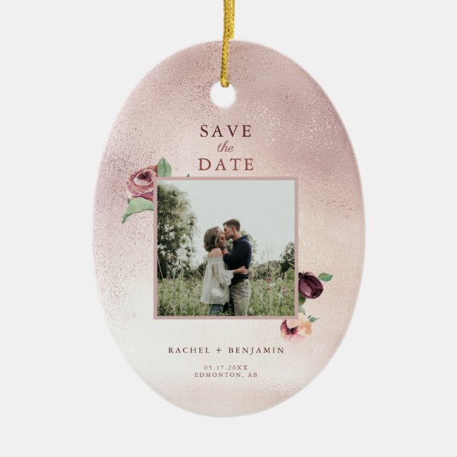 Save the Date Rose Gold Glitzer Blumenrosa Foto Keramik Ornament (Vorne)
