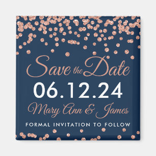 Save the Date Rose Gold Glitzer Confetti Navy Blue Magnet