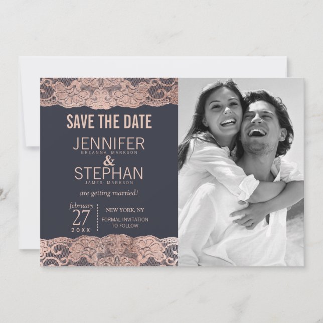 Save The Date Rose Gold Lace et Navy Blue Save the Dates (Devant)