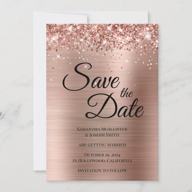Save The Date Rose Gold Pailleté Script Fantaisie Brillante (Devant)