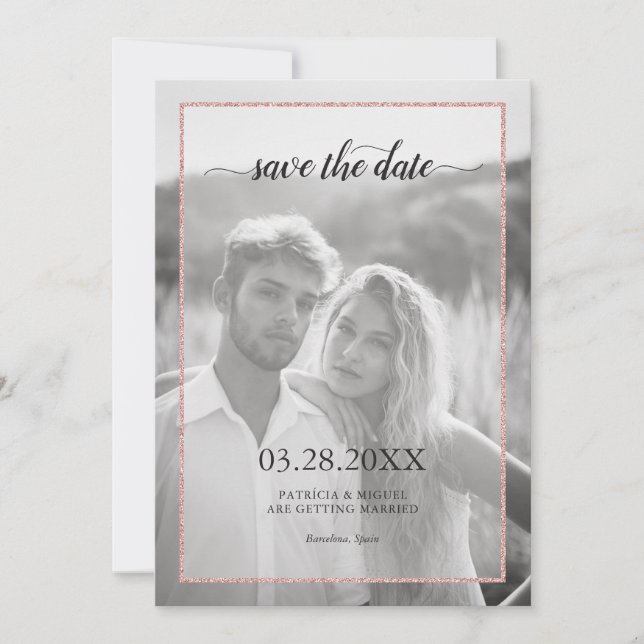 Save The Date Rose Gold Parties scintillant Effet Chic Script Ph (Devant)