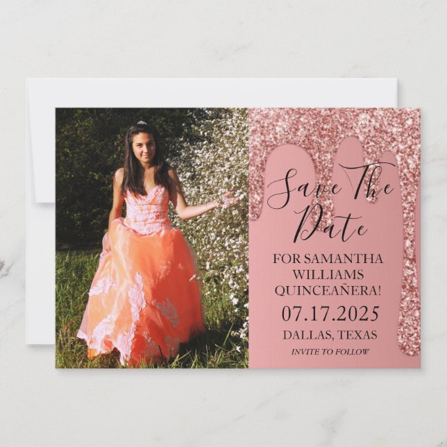 Save The Date Rose Gold Parties scintillant photo décharges Quin (Devant)