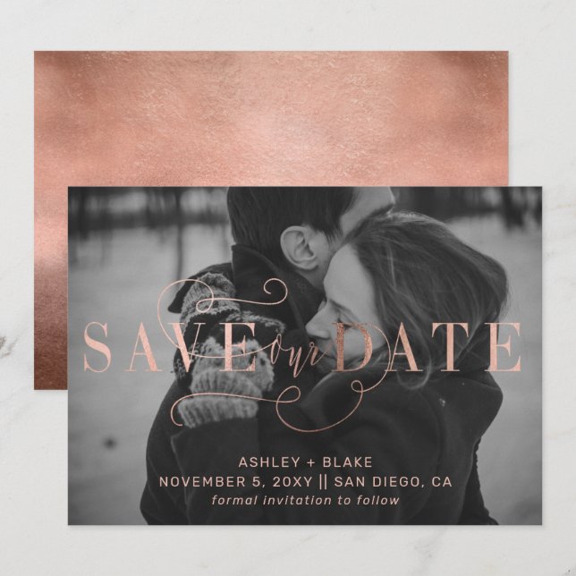 Save The Date Rose Gold Stylish manuscrite photo (Devant / Derrière)