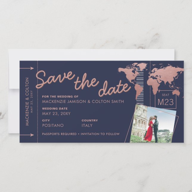 Save the Date Rose Gold Weltkarte Boarding Pass (Vorderseite)