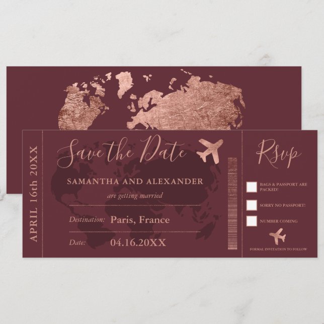 Save the Date Rose Gold Weltkarte Boarding Pass (Vorne/Hinten)