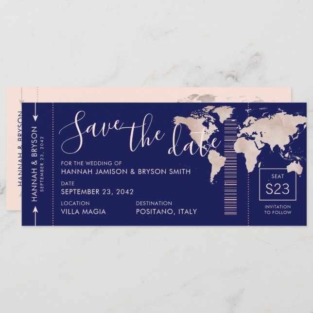 Save the Date Rose Gold World Map Boarding Pass (Vorne/Hinten)