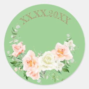 Save the Date Rose grüner Kranz Runder Aufkleber