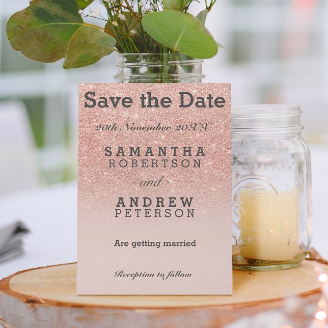 Save the Date Rose Imitate Glitzer Rosa ombre Ankündigungspostkarte (Von Creator hochgeladen)