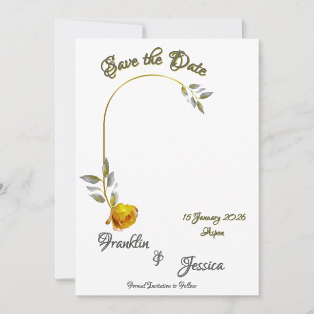 Save The Date Rose jaune doux avec vert pâle et ovales or photo (Devant)