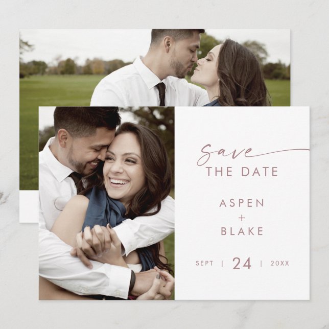 Save The Date Rose moderne Gold Script Photo Enregistrer la date (Devant / Derrière)
