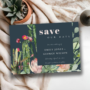 SAVE THE DATE ROSE NAVY FLEURIE FEUILLAGE DE CACTÉE DU DÉSERT A