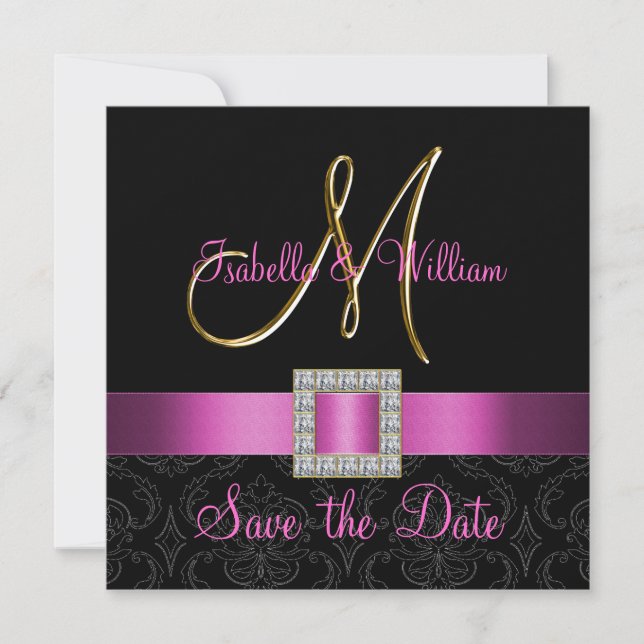 Save The Date Rose noir Damask or initial Enregistrer la date (Devant)
