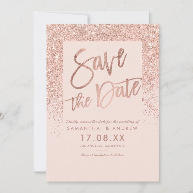 Save The Date Rose or parties scintillant script rose vif enregi (Devant)