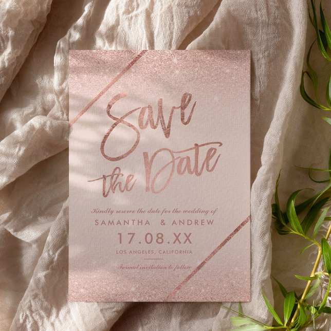 Save The Date Rose or parties scintillant script rose vif enregi (Rose gold glitter script blush pink save the date)
