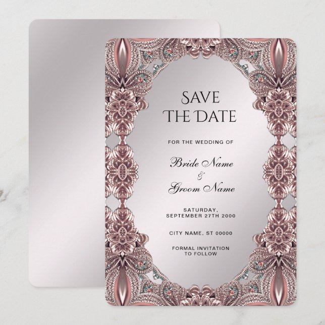 Save The Date Rose Ornamental Enregistrer La Date (Devant / Derrière)
